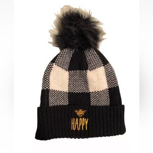 Home Free Women’s Bee Happy Black and White Plaid Beanie Pom Pom Hat NWOT